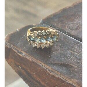 Vintage DAC Blue Marquise Rhinestone Gold Tone Tiered Wave Cluster Ring Sz 6.5